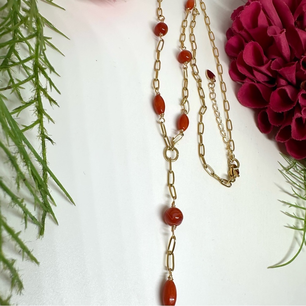 NEW⚜️Carnelian & Coral Lariat Beaded Necklace - Picture 3 of 7